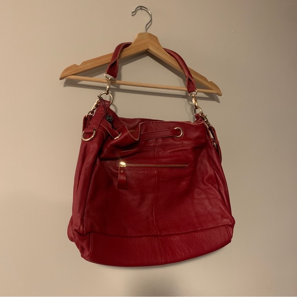 Red Leather Bag- Sam & Kate by Park Avenue. Leopard Print Satin Lining - Picture 4 of 10
